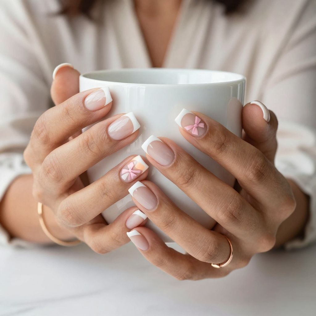 Classic French Tips with Tiny Bow Details