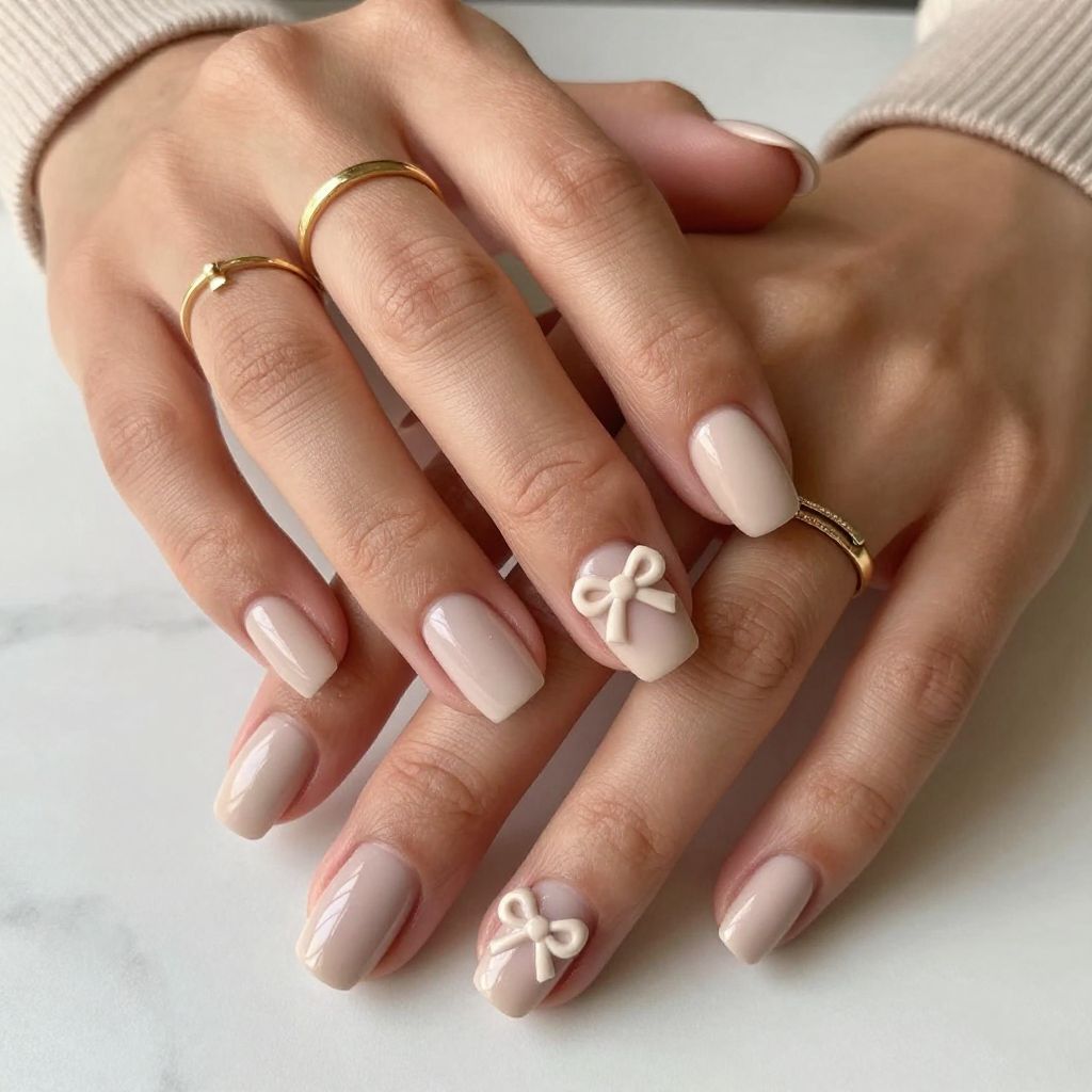 Nude Matte Nails with Glossy Bow Highlights