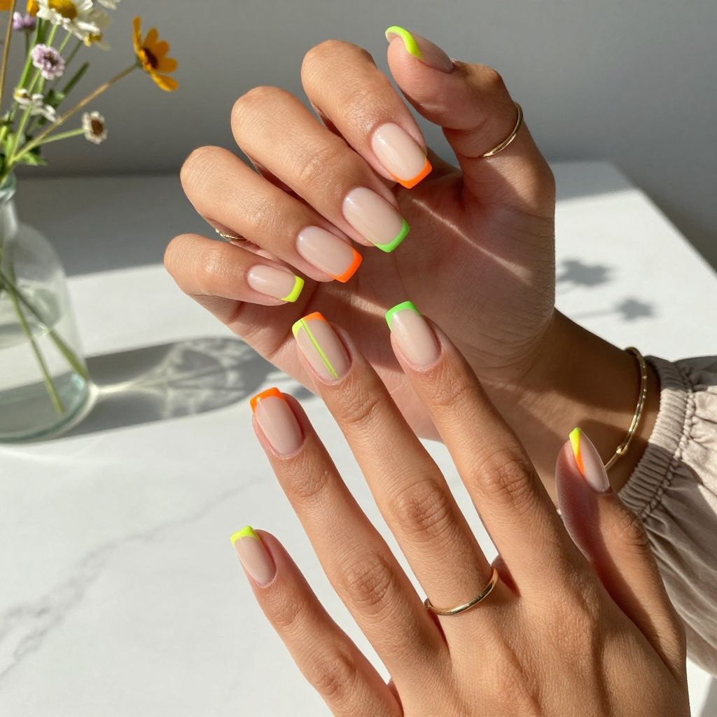 French Tips Reinvented with Neon Lines