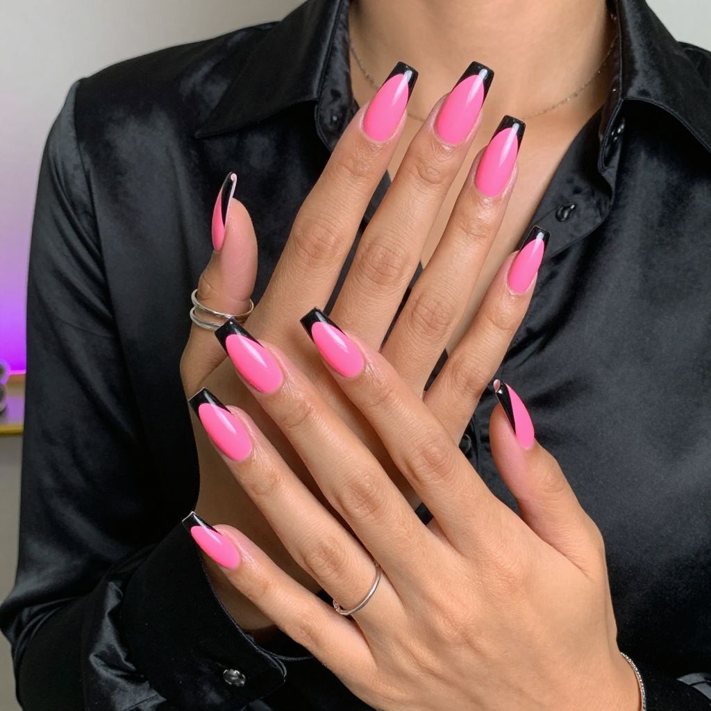 Neon Pink Coffin with Black Geometric Tips
