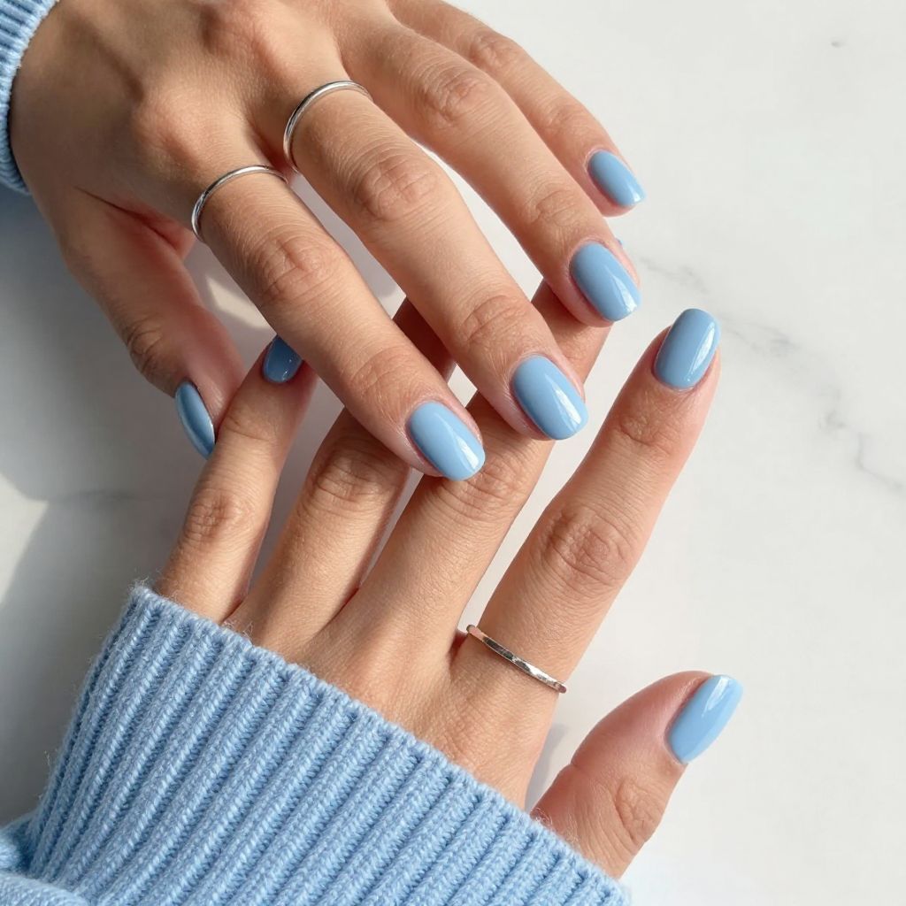 Baby Blue Polished Oval Nails
