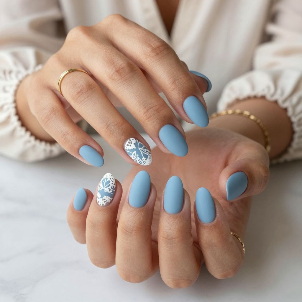 Light Blue Matte with White Lace Art