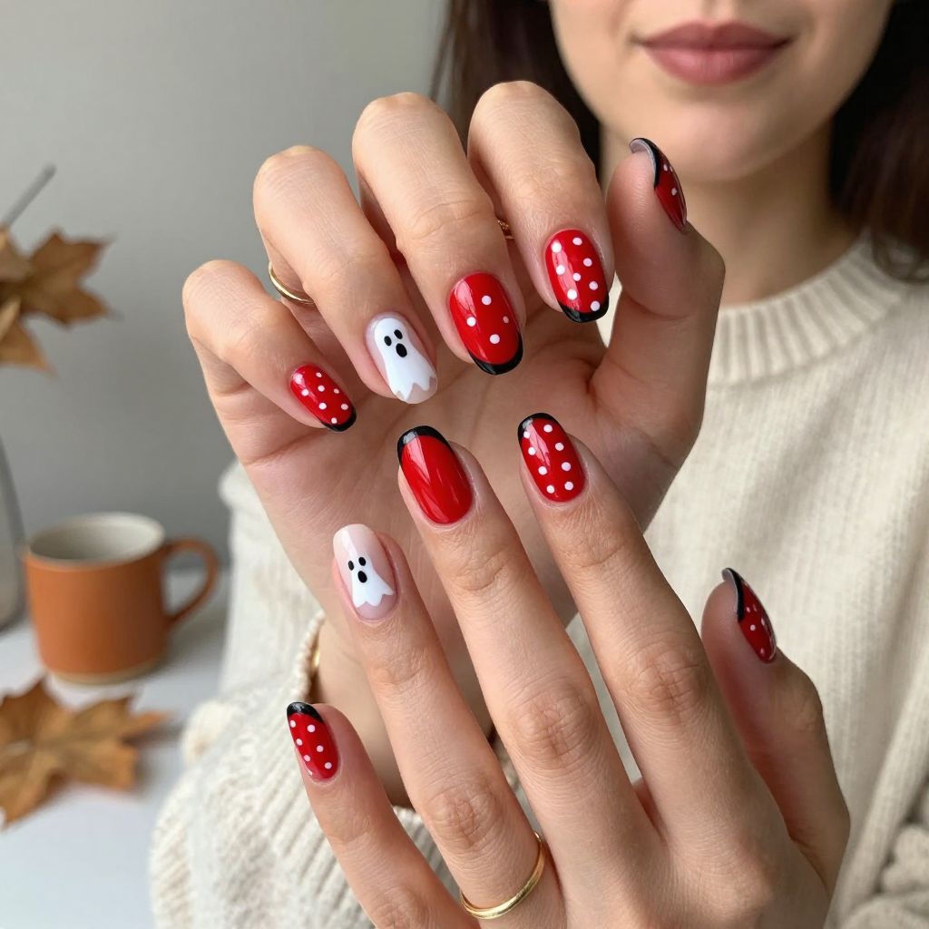 Ghostly Minnie Polka Dots nails