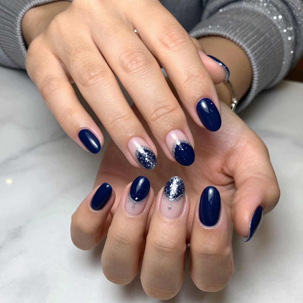 Navy Blue Drip with Silver Glitter Tips
