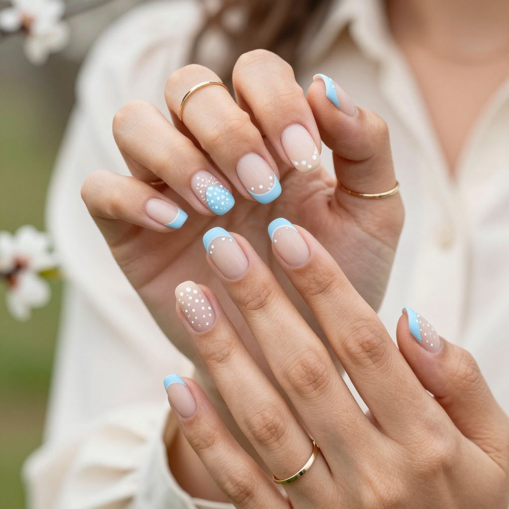 Baby Blue Matte Tips With White Dots