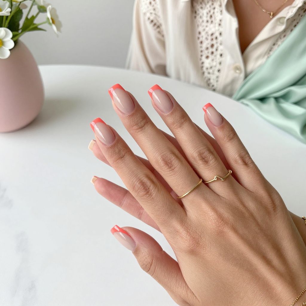 Coral French Tips With Negative Space