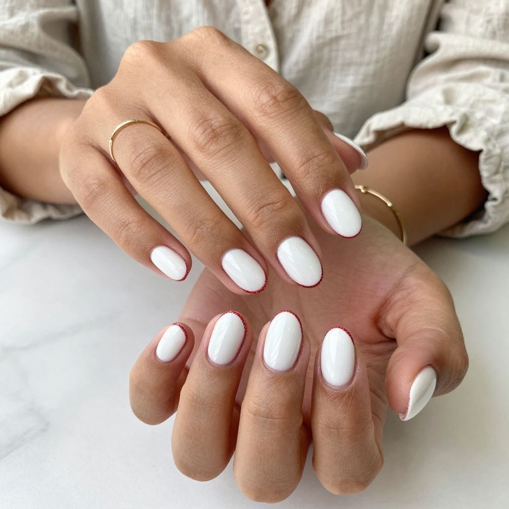 Glossy White Nails with Red Glitter Outline