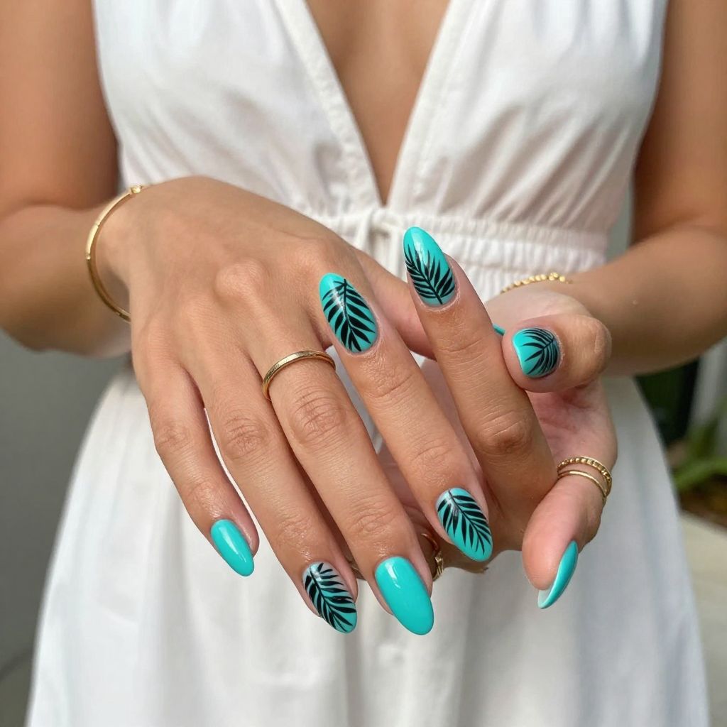 Bright Turquoise with Palm Leaf Silhouettes