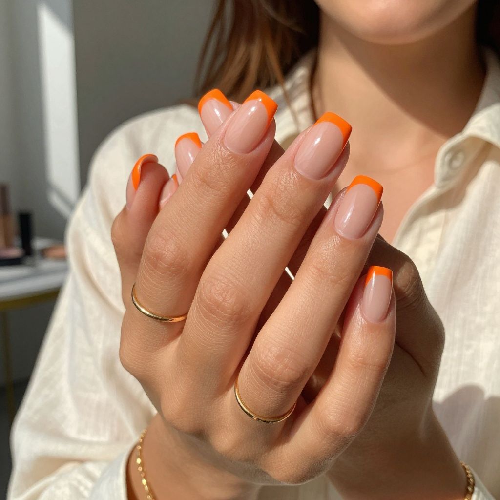 Bright Orange French Tips on Nude Base