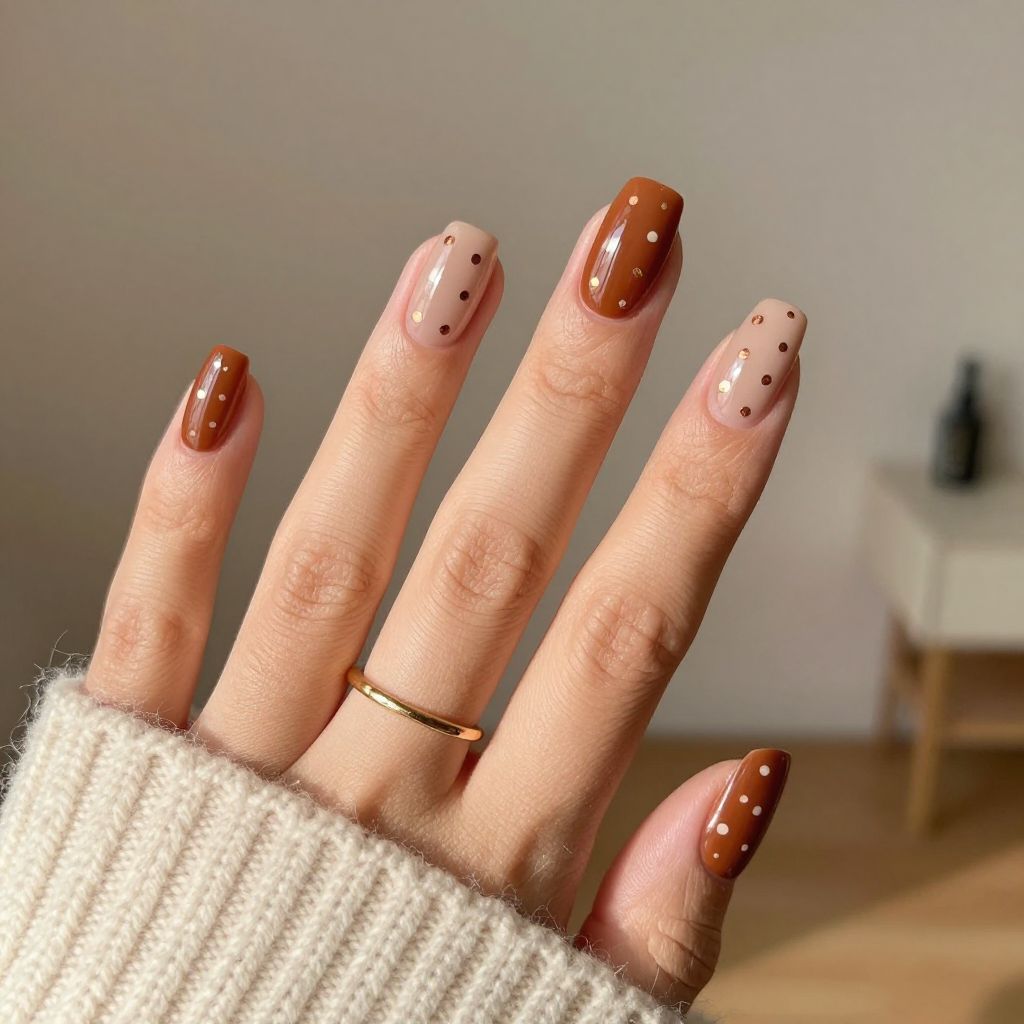 Cinnamon Brown with Cream and Metallic Copper Dots