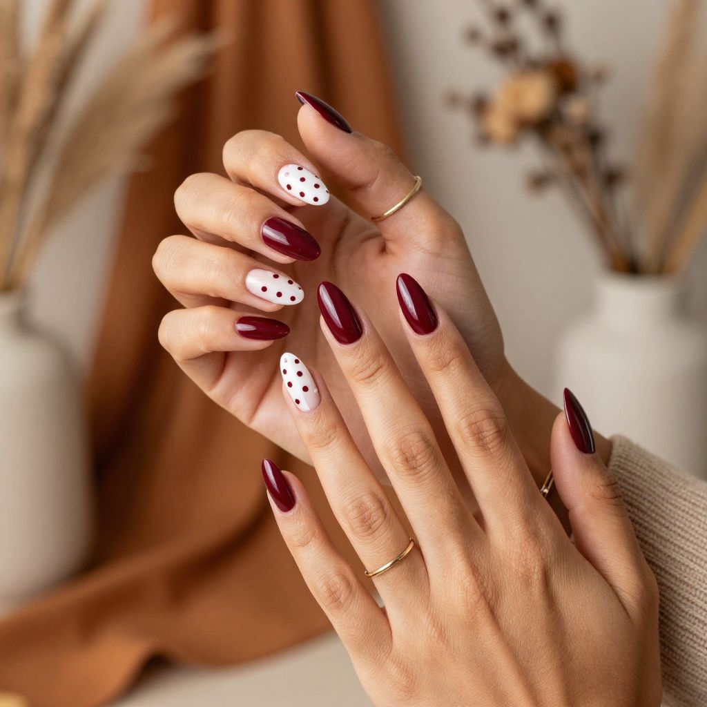Burgundy with White Polka Dot French Tips