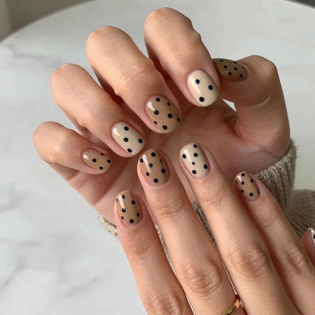 Coffee Beige with Black Polka Dots