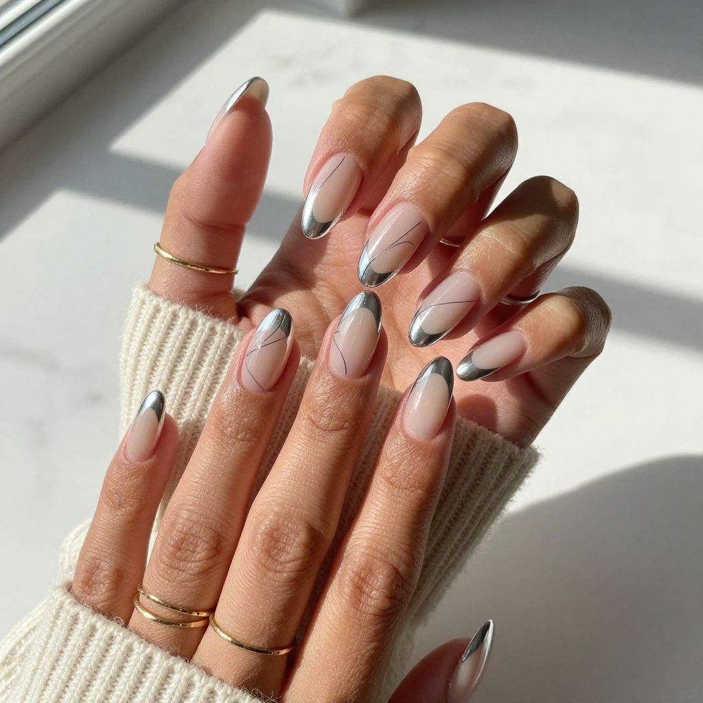 French Chrome Tips with Minimalist Line Art