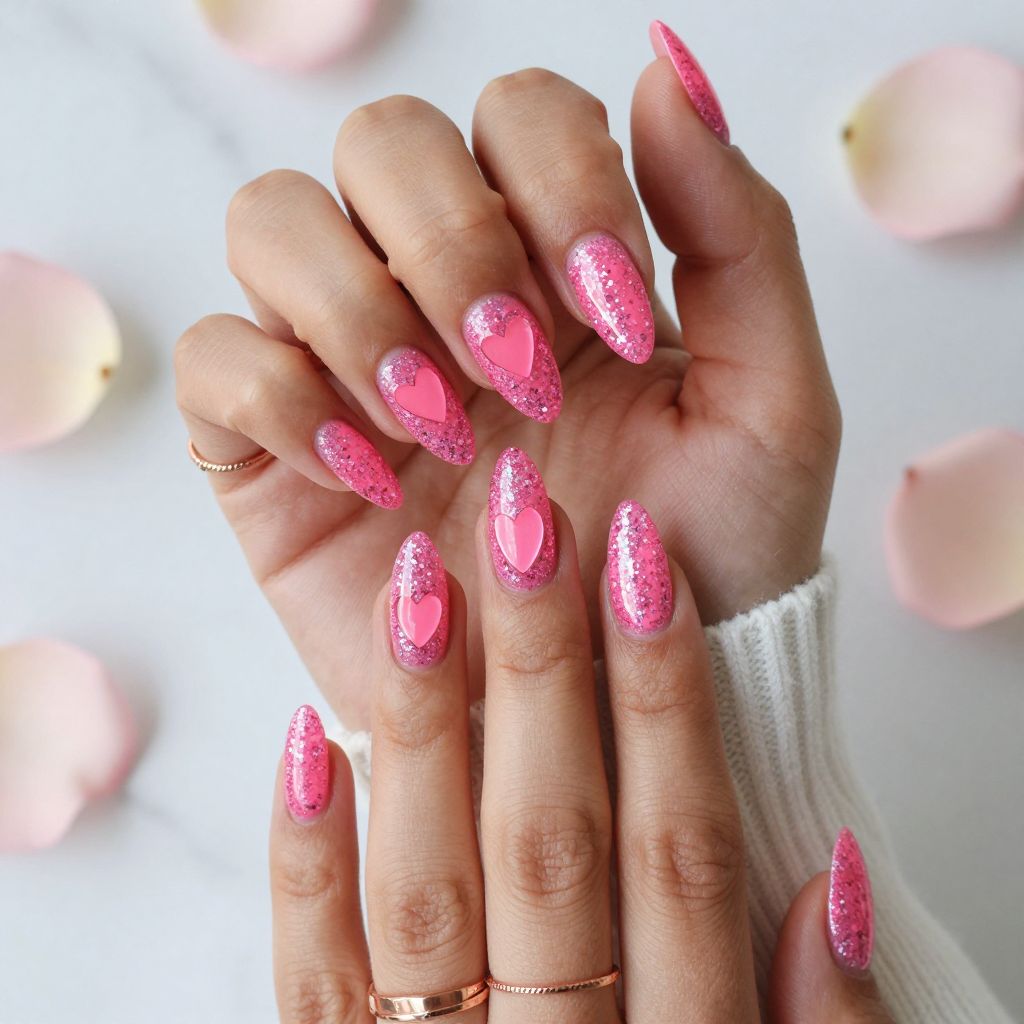 Neon Pink Glitter with Subtle Heart Imprints