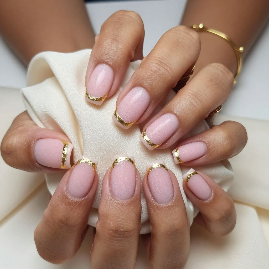 Glitter Pink Matte French with Gold Foil Tips