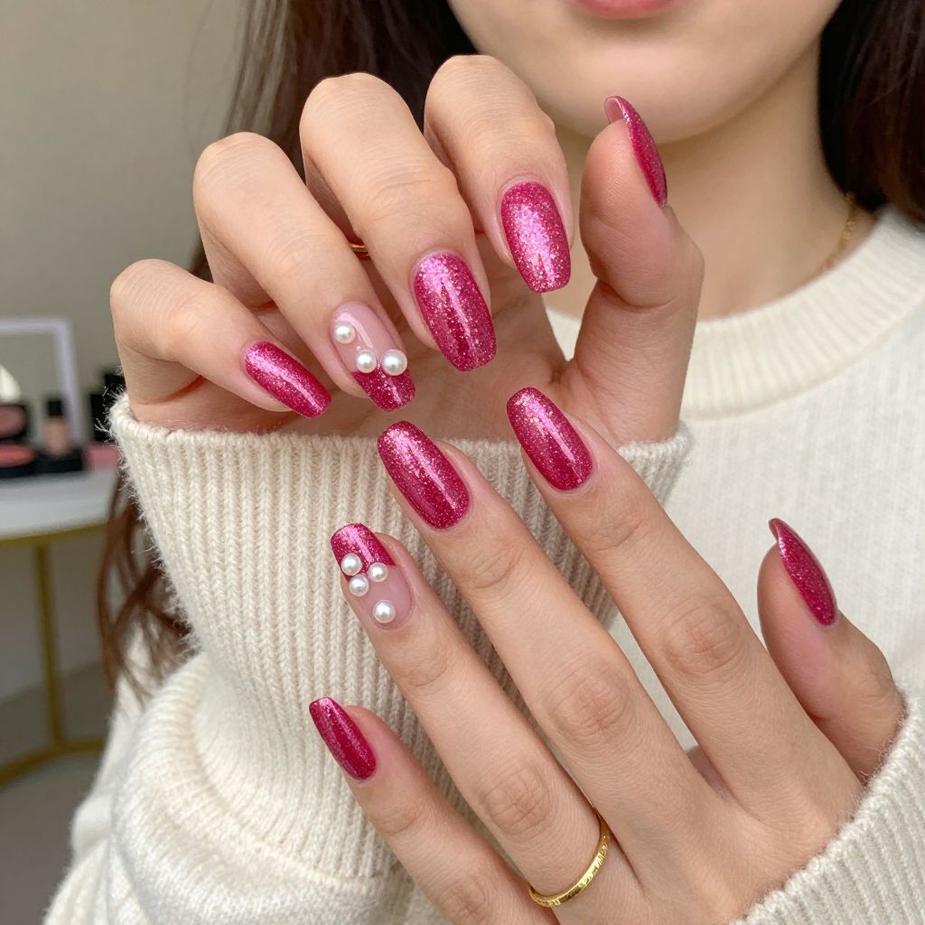 Hot Pink Glitter with Tiny Pearl Embellishments