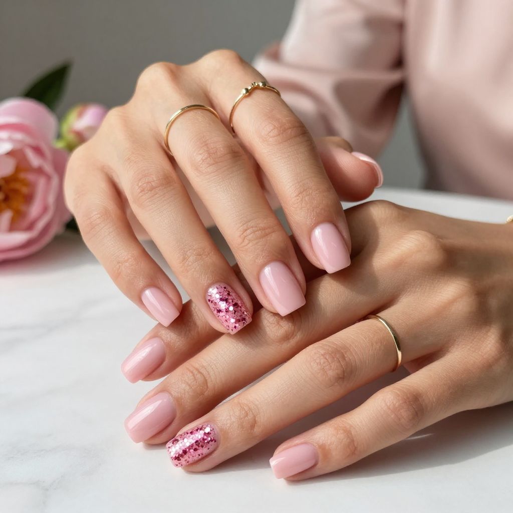 Clear Pink Base with Heavy Glitter Accent Nail