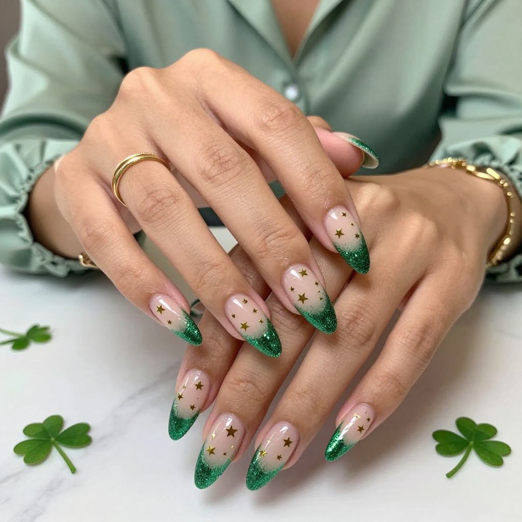 Celestial Gold Stars and Green Glitter Tips