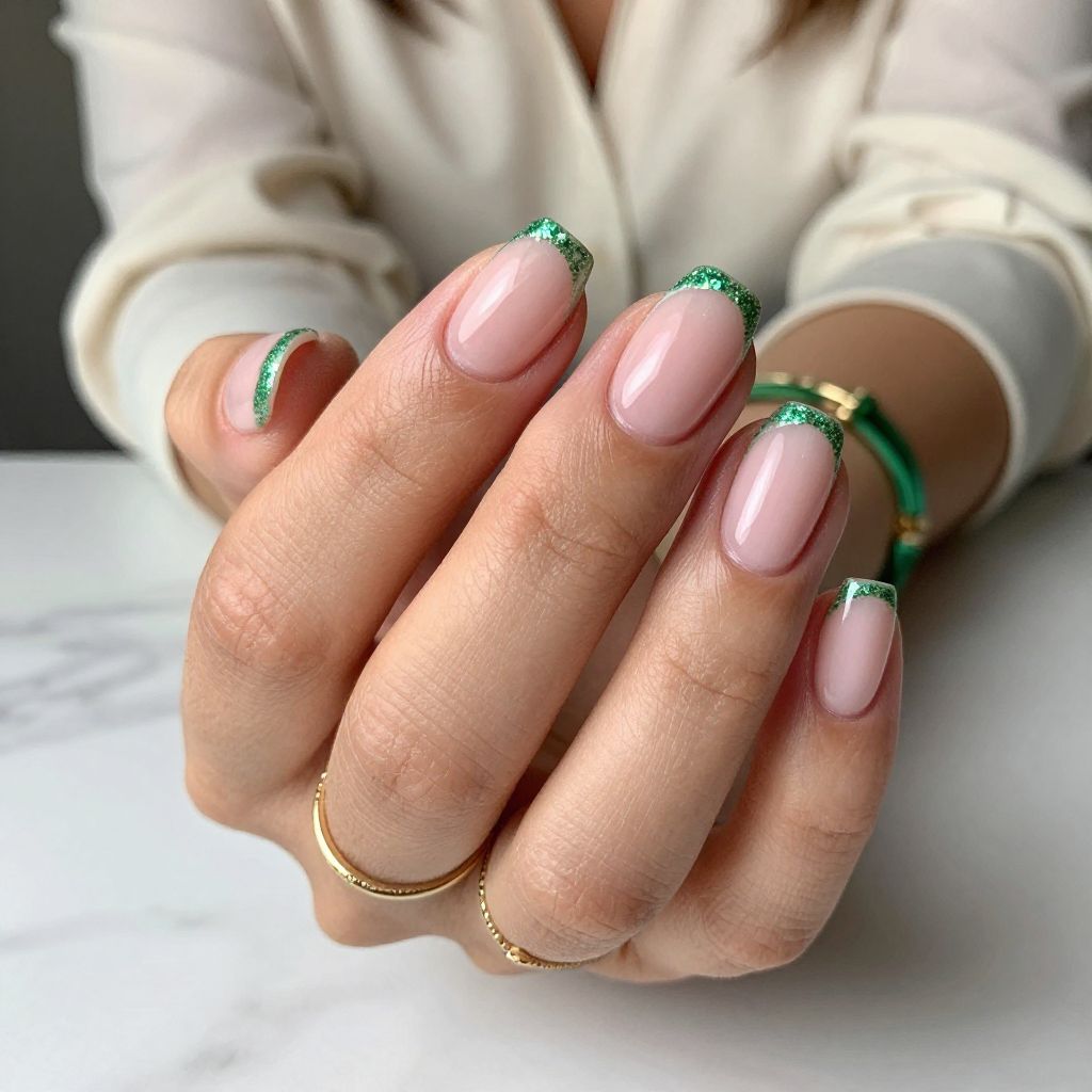 Classic Green with Glitter French Tips