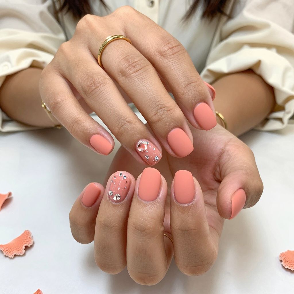 Soft Coral Blush Matte with Gem Accents