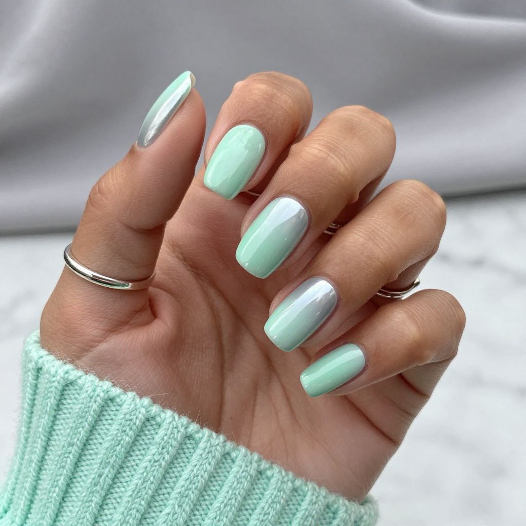 Mint Green Ombre with Silver Tips