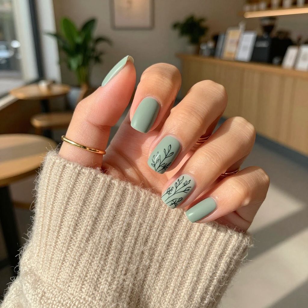Sage Green with Botanical Line Art