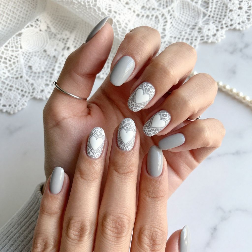 Delicate Lace Hearts Over Soft Gray