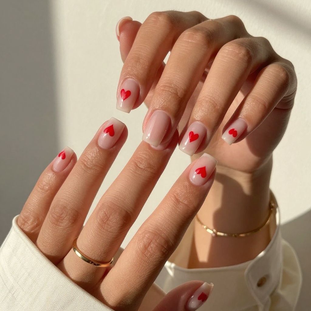 Minimalist Clear Nails with Tiny Red Hearts
