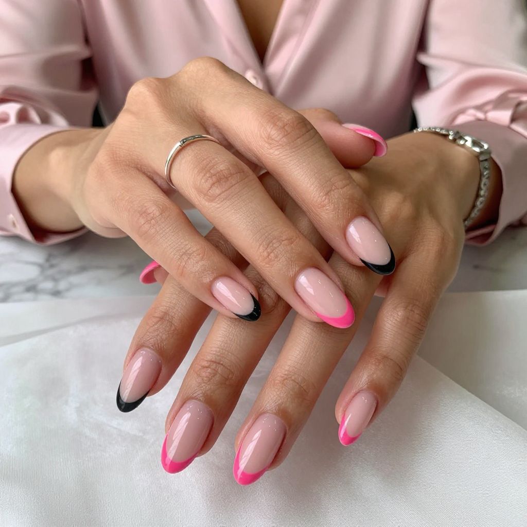 Sheer Pink Base with Glossy Hot Pink Tips and Thin Black Liner