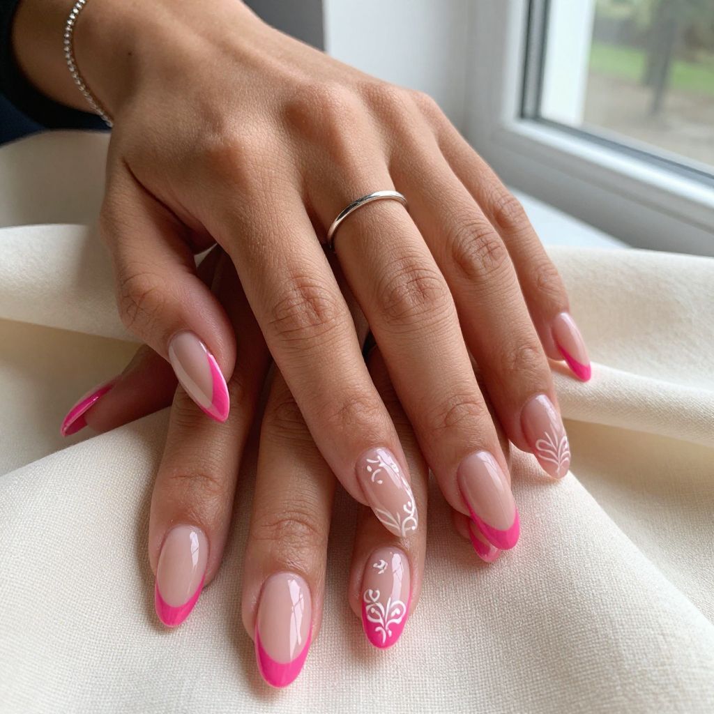 Hot Pink French Tips with Hand Paint Delicate Doodles