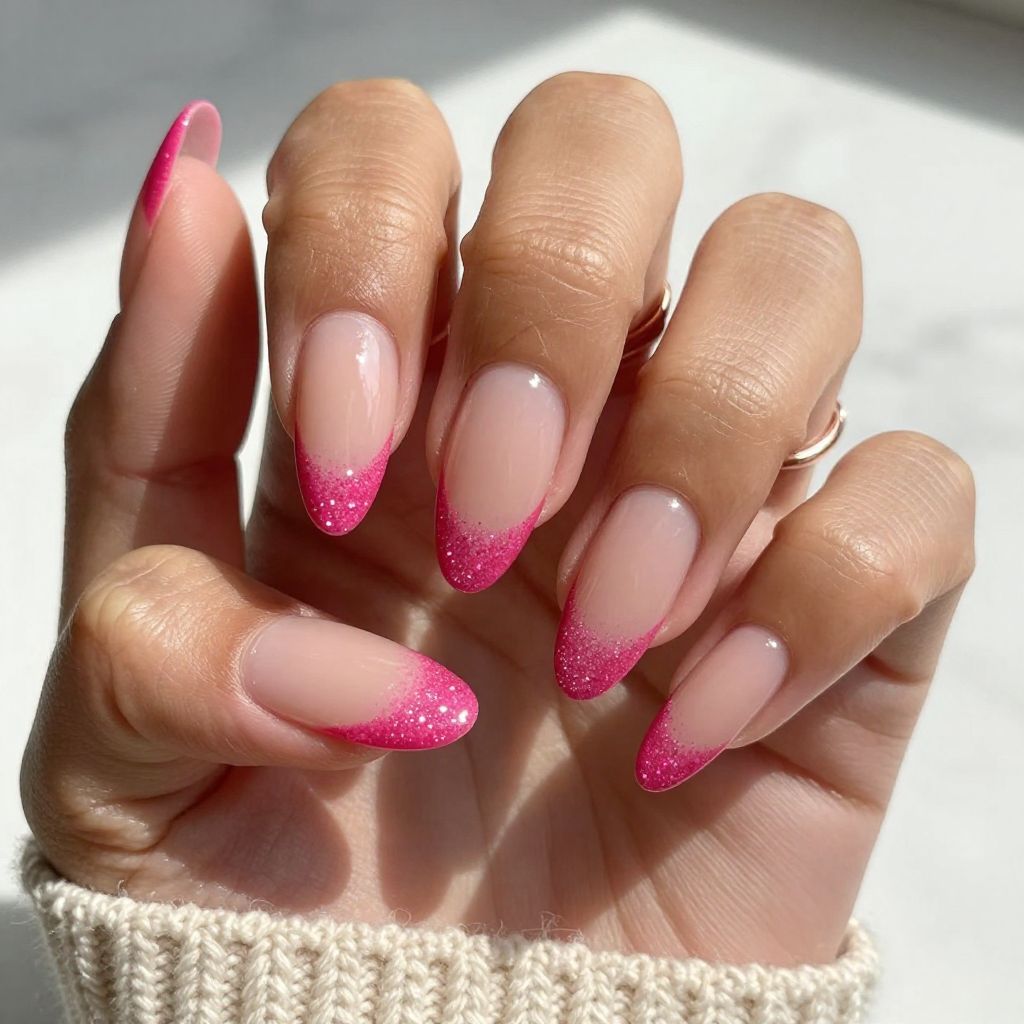 Hot Pink Tips with Glitter Fade into Nude Base