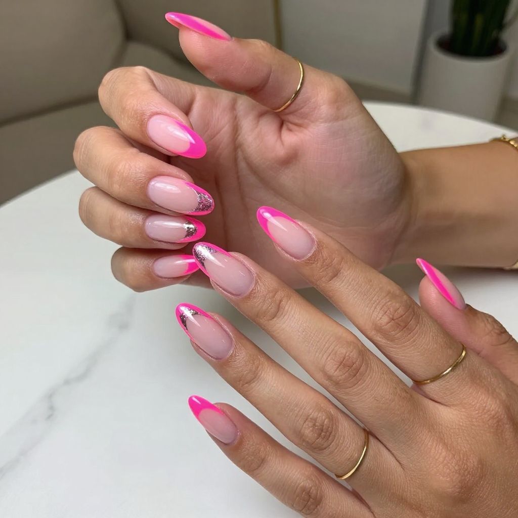 Neon Hot Pink Tips with Chrome Mirror Accents