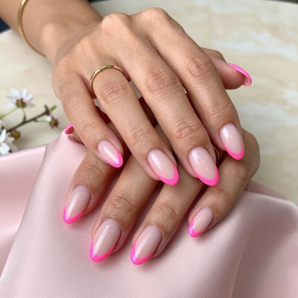 Soft Pink Nude Base with Neon Hot Pink Geometric Tips