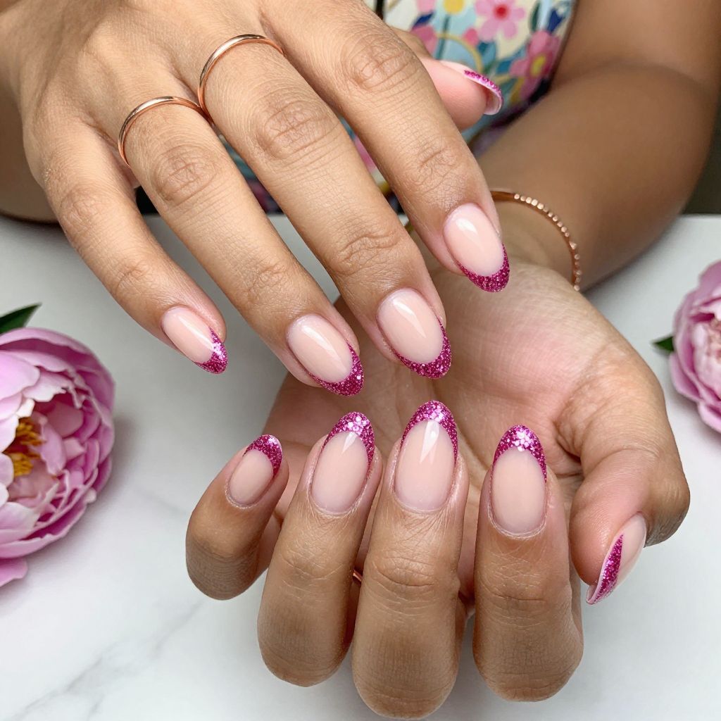 Glitter-Tipped Hot Pink French Almond
