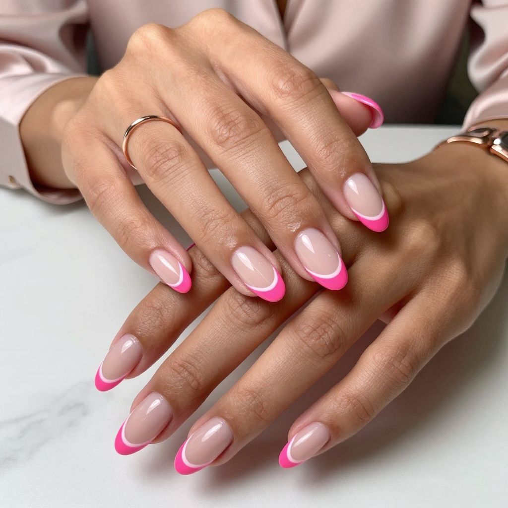 Hot Pink French Tips with White Accent Lines