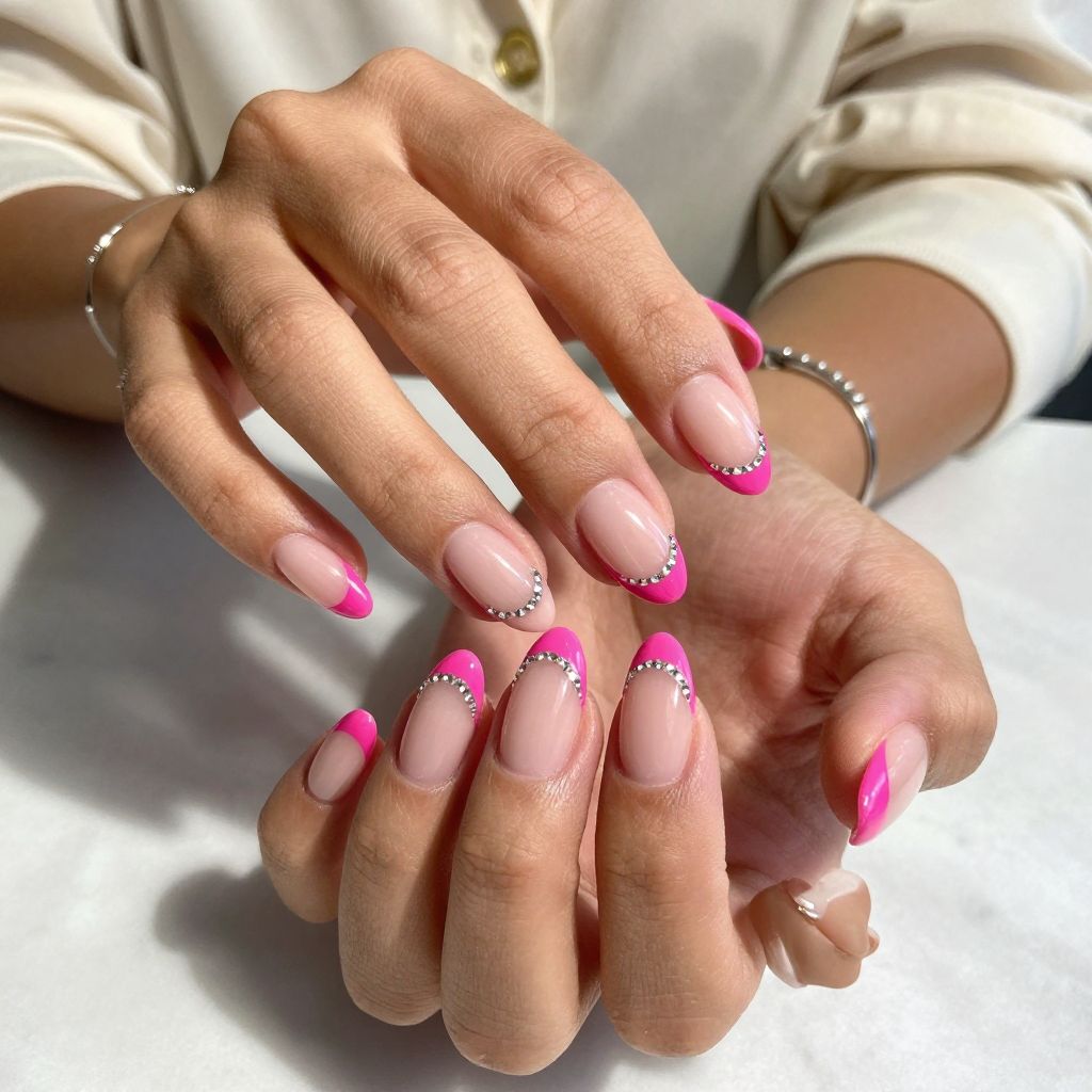 Hot Pink French Tips with Tiny Gems