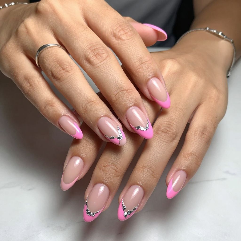 Hot Pink French Tips with Silver Foil Accents