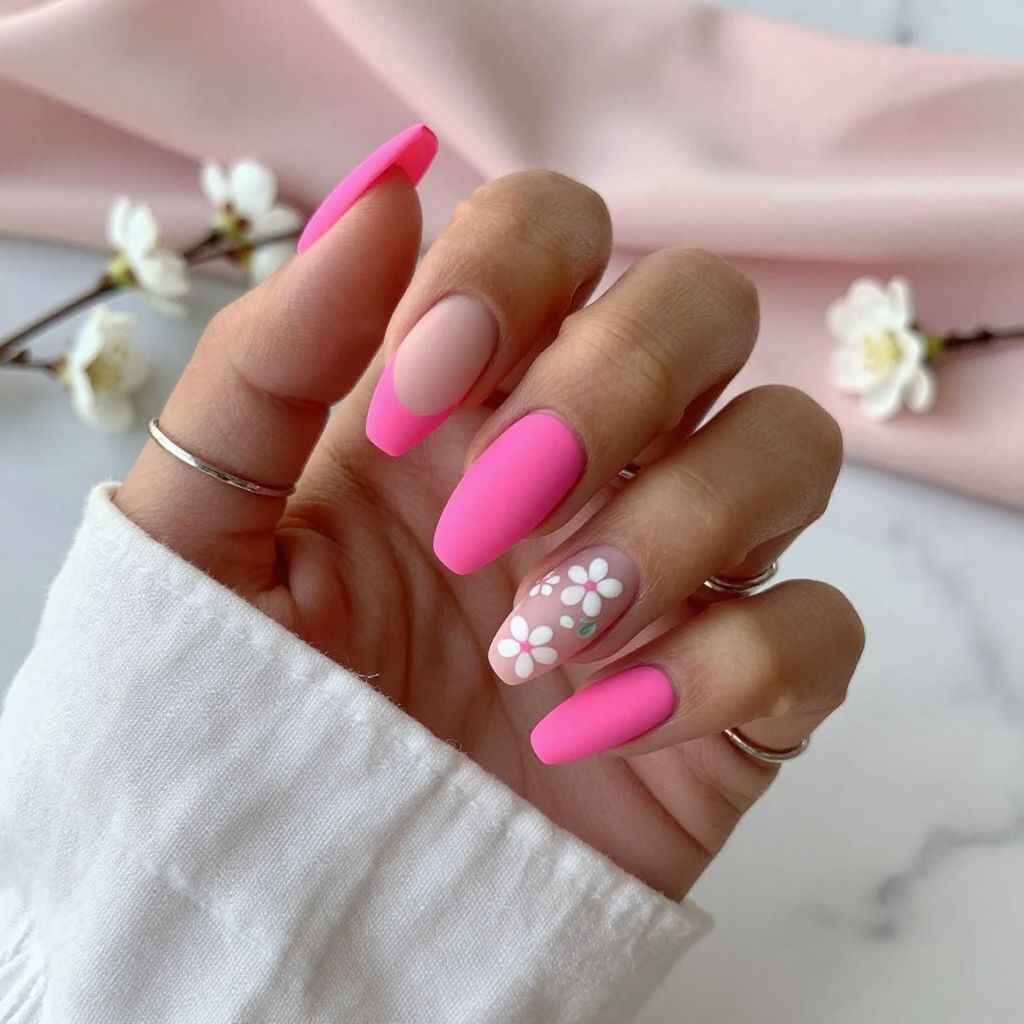 Neon Pink French Tips with Matte Floral Accents
