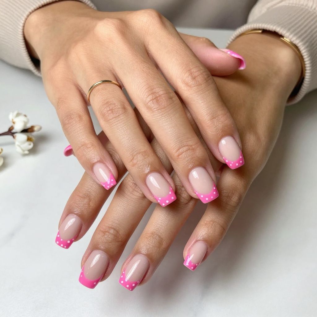 Hot Pink with White Polka Dot French Tips