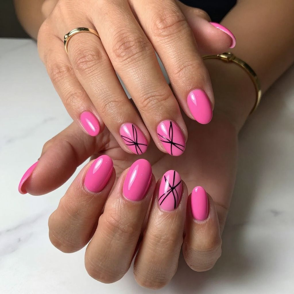 Hot Pink Glossy Nails with Minimalist Black Line Art