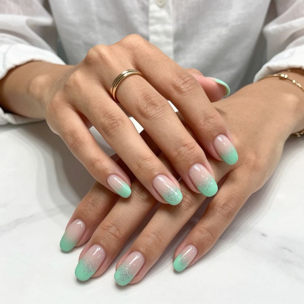 Seafoam Green French Tips with Glitter Fade