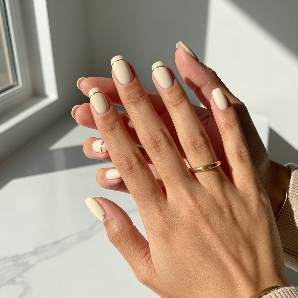 Ivory Oval Nails with Minimalist Gold Stripe