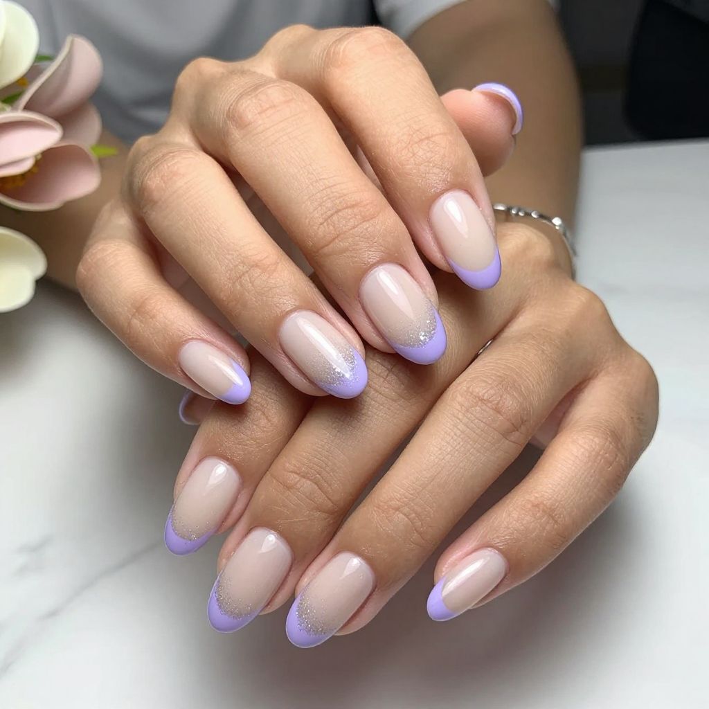 Lavender French Tip with Glitter Gradient