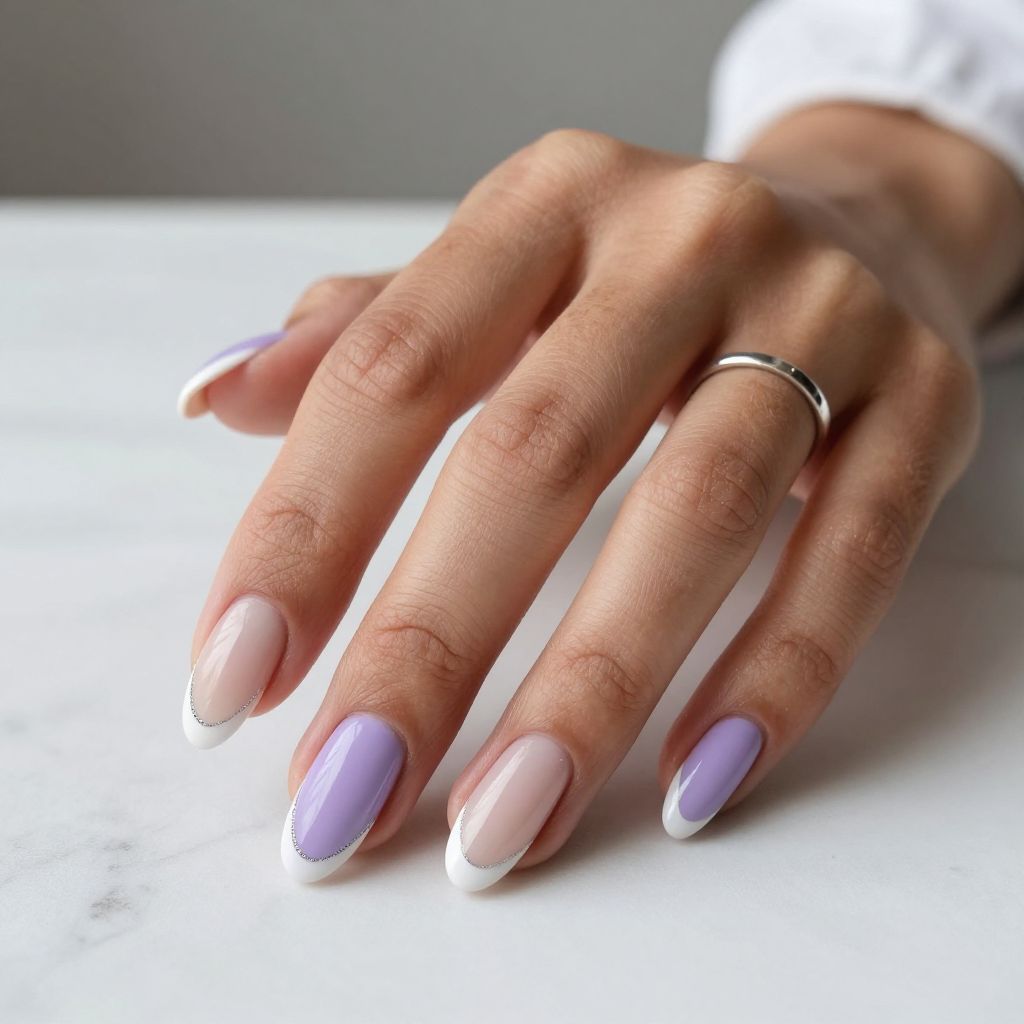 Lavender Milk French Tip with Thin Silver Line
