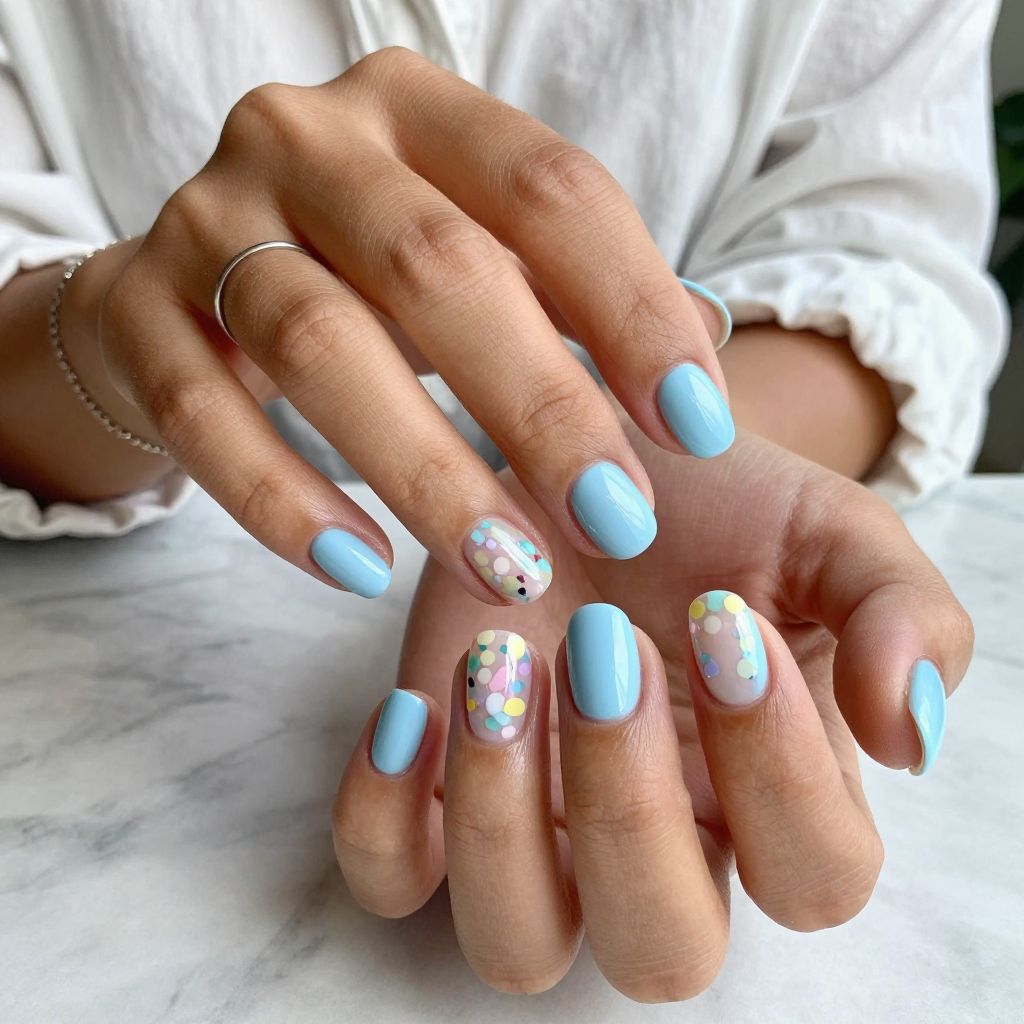Baby Blue Confetti Nails