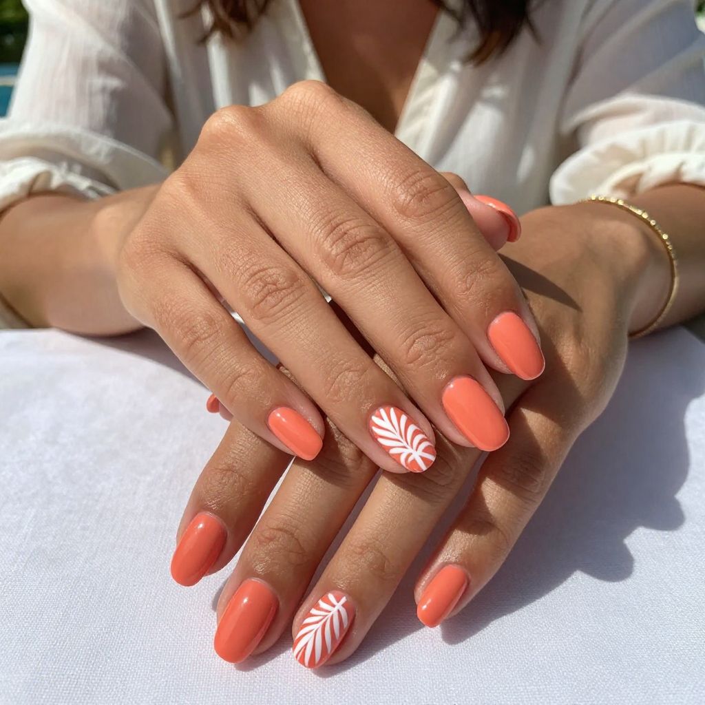 Coral and White Palm Leaves Art