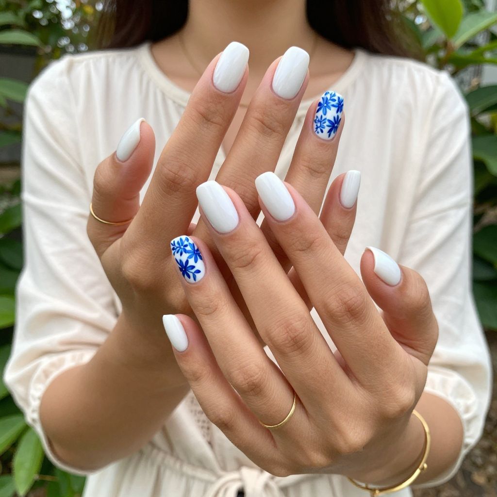 White Nails with Blue Floral Accents