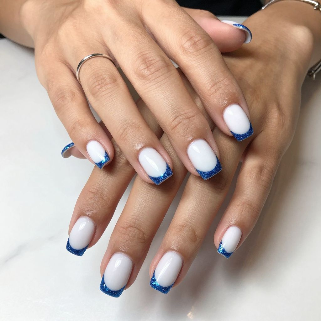 White Matte with Blue Glitter French Tips