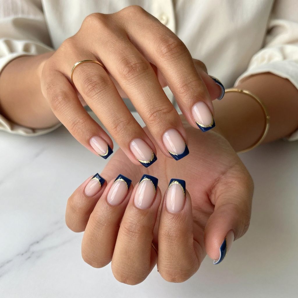 Navy French Tips with Gold Foil