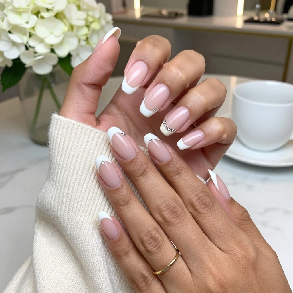 French Tips with Tiny Gem Accents